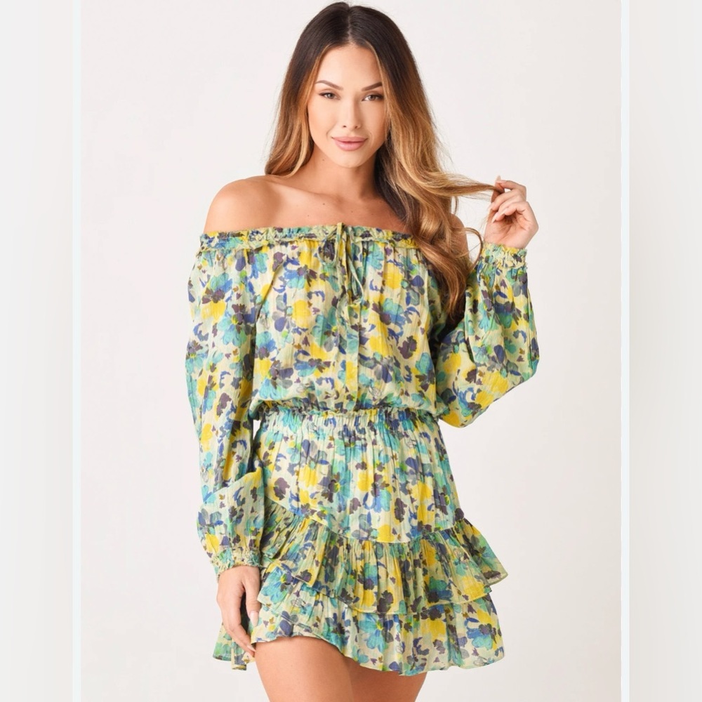 Love Shack Fancy Rayna Floral Long Sleeve Ruffle Dress Size Small